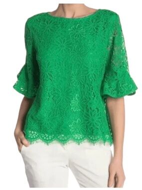 Nanette Lepore Women’s Green Lace Scallop Hem Bell Sleeves Top, Size M